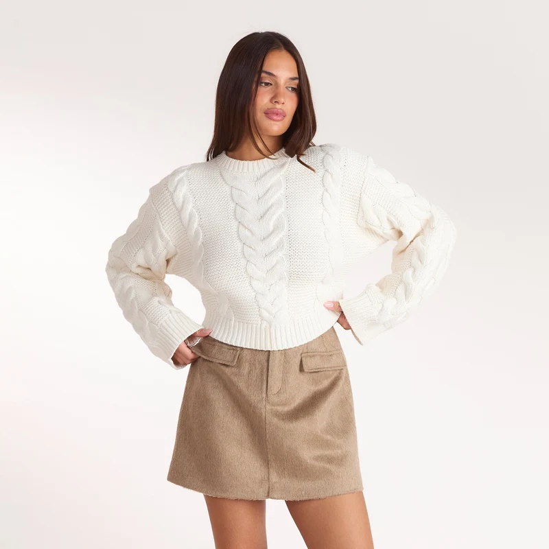Pull Court en Maille Torsadée - Crème