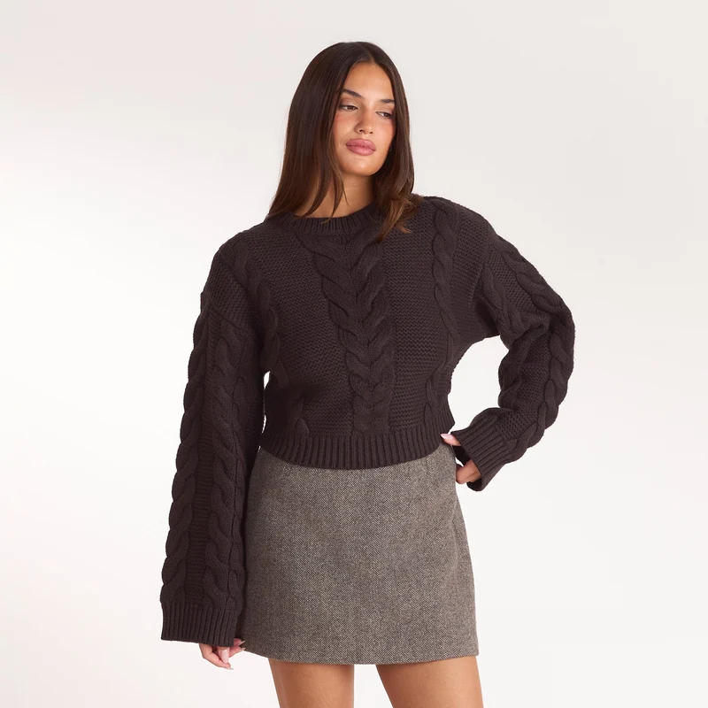 Pull Court en Maille Torsadée - Chocolat Noir