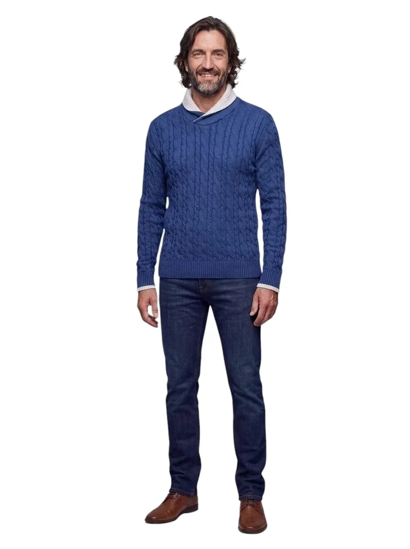 Pull homme grand col châle bleu marine – Manches longues