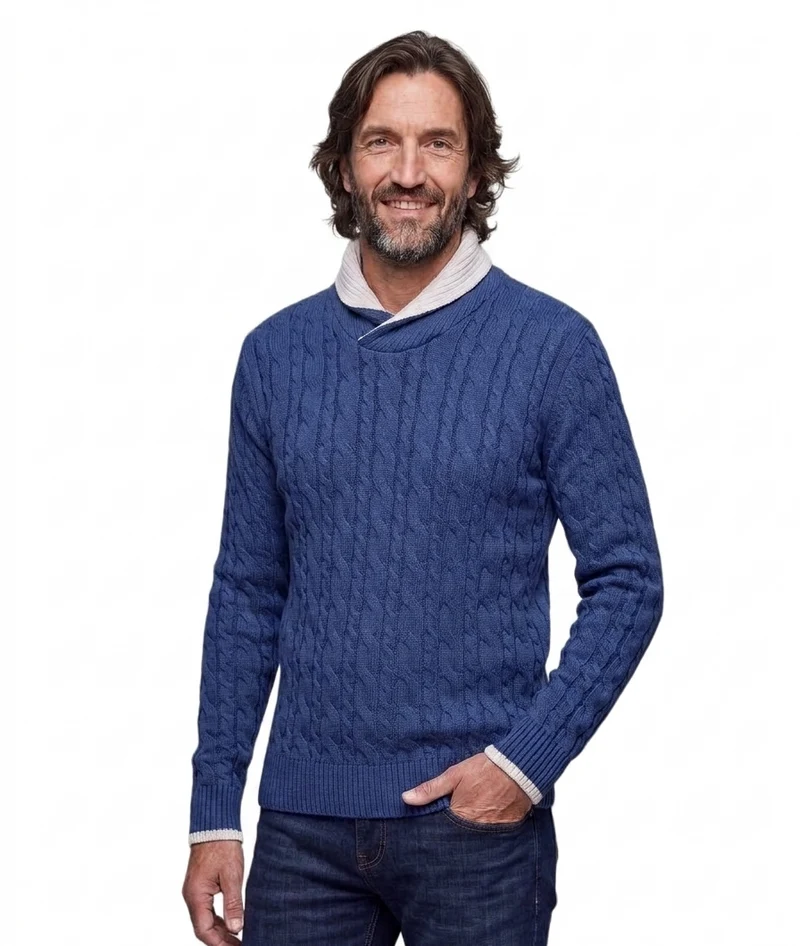 Pull homme grand col châle bleu marine – Manches longues
