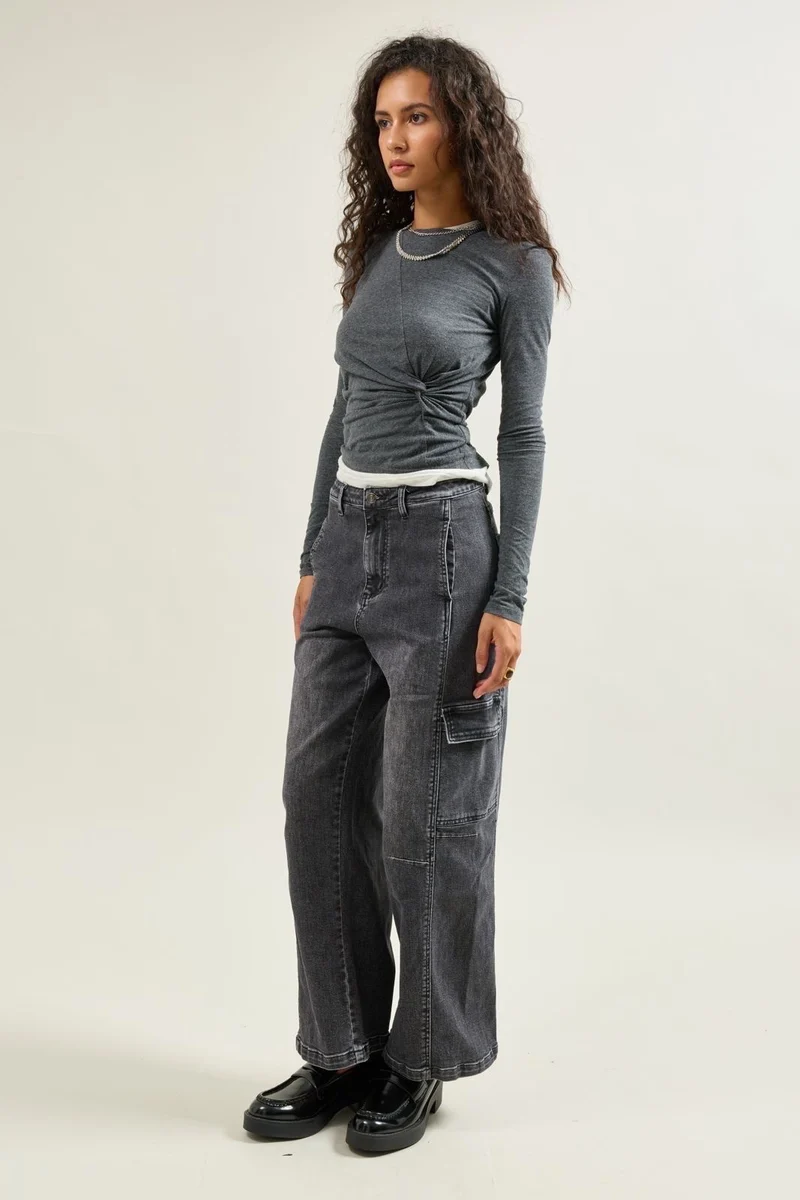Pantalon Cargo Taille Haute Coupe Droite