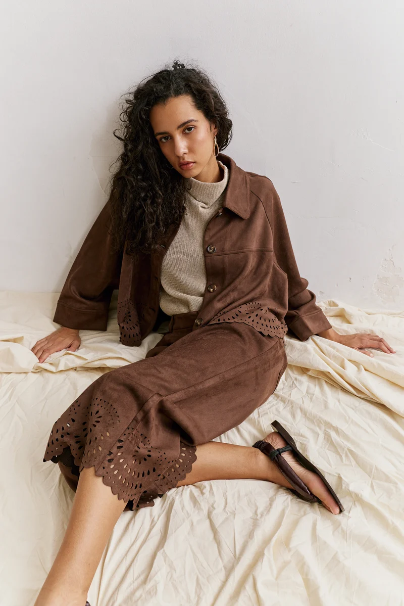 Pantalon Droit Velours Ourlet Ajouré