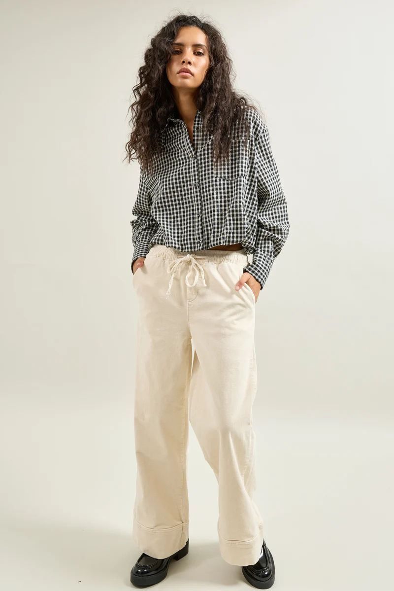 Pantalon Rose Large en Velours Côtelé