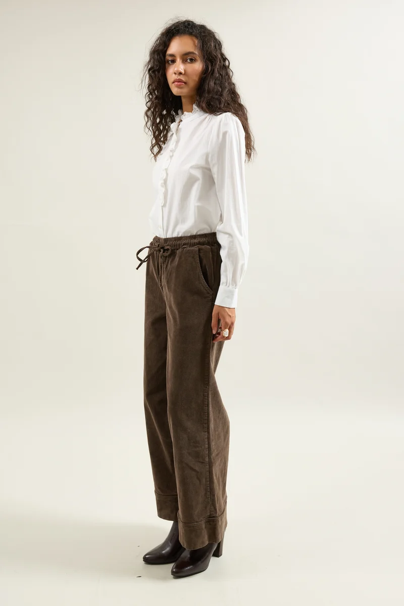 Pantalon Rose Large en Velours Côtelé