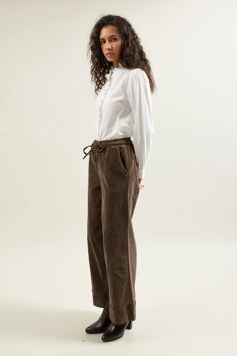 Pantalon Rose Large en Velours Côtelé