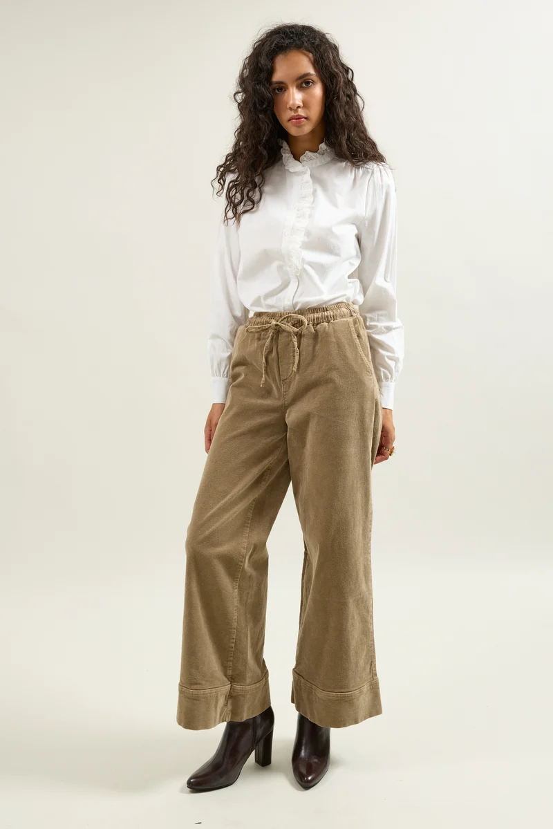 Pantalon Rose Large en Velours Côtelé