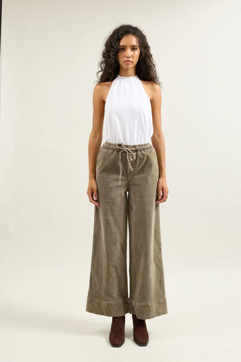 Pantalon Rose Large en Velours Côtelé