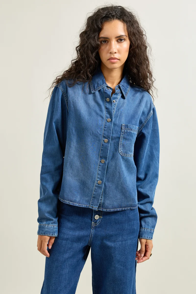 Chemise Denim Courte Épaules Tombantes