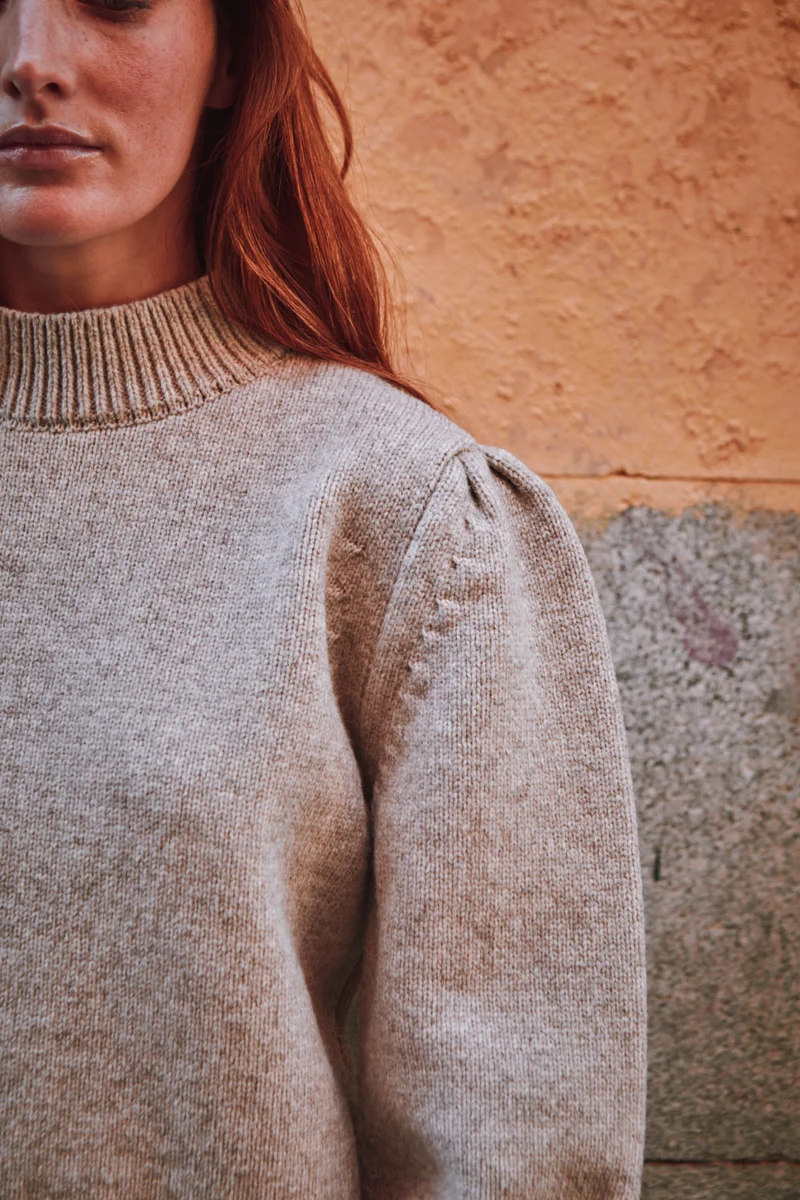 NATHALIE Puff Sleeve Sweater in Merino Wool - Beige