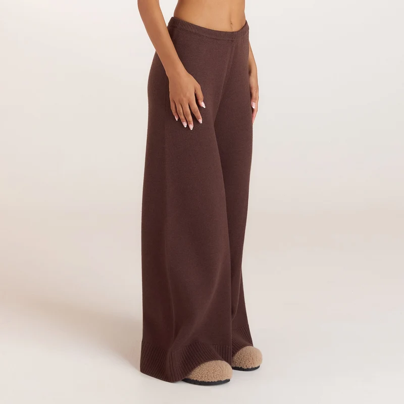 Pantalon en Maille à Ourlets Côtelés - Chocolat