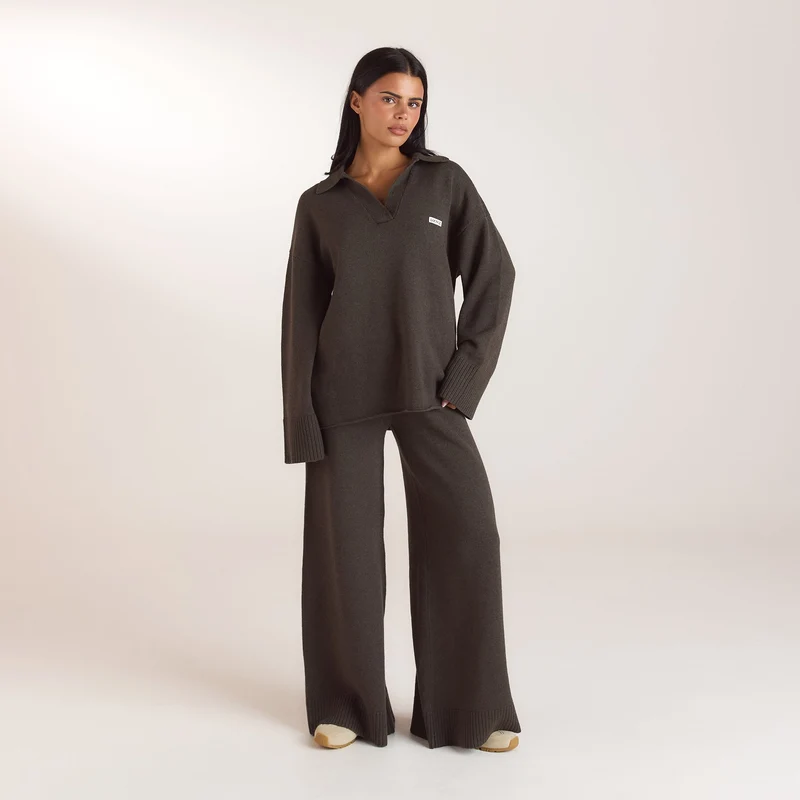 Pantalon en Maille à Ourlets Côtelés - Vert Mousse