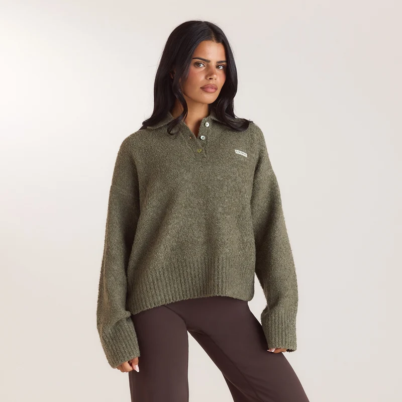 Pull Polo en Maille Bouclée - Kaki