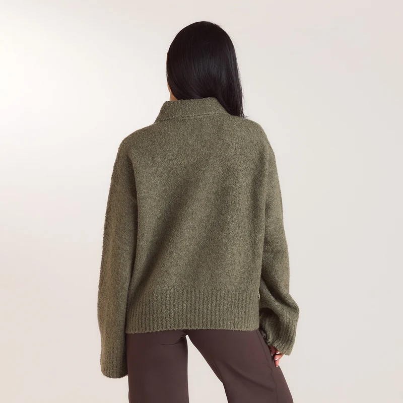 Pull Polo en Maille Bouclée - Kaki