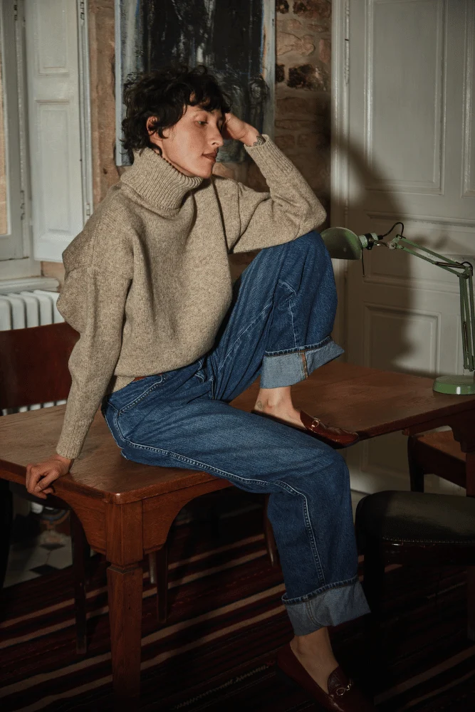 THERESE Turtleneck Sweater in Merino Wool - Beige