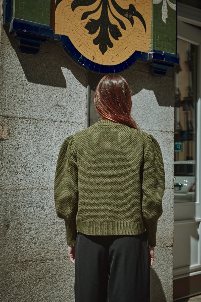 ANAIS Puff Sleeve Cardigan in Merino Wool - Olive Green