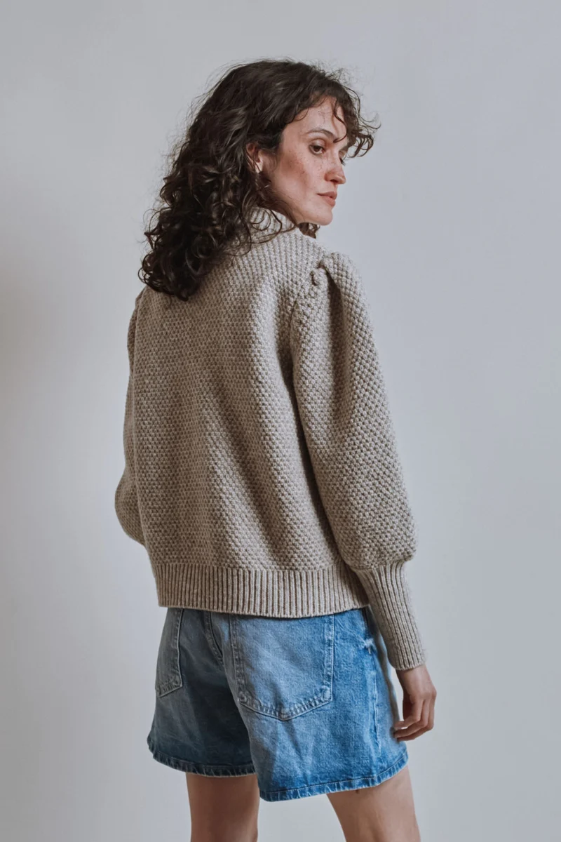 ANAIS Puff Sleeve Cardigan in Merino Wool - Beige