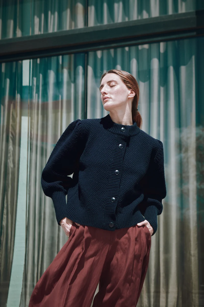 ANAIS Puff Sleeve Cardigan in Merino Wool - Navy