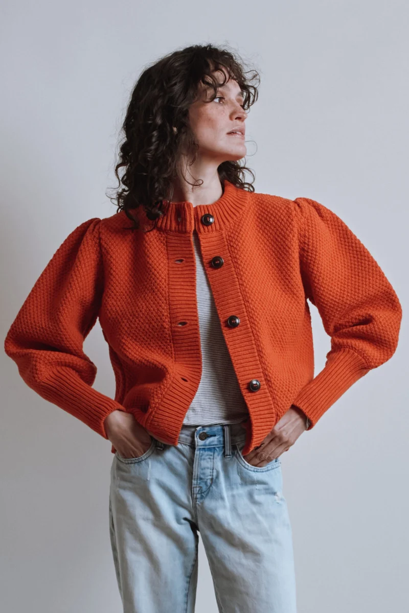 ANAIS Puff Sleeve Cardigan in Merino Wool - Burnt Orange