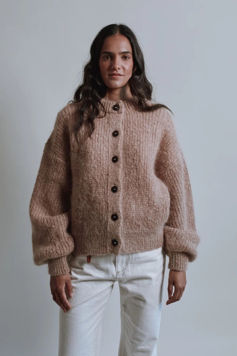 DIANA Balloon-Sleeve Cardigan in Mohair Wool - Light Pink