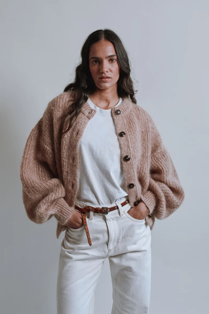 DIANA Balloon-Sleeve Cardigan in Mohair Wool - Light Pink