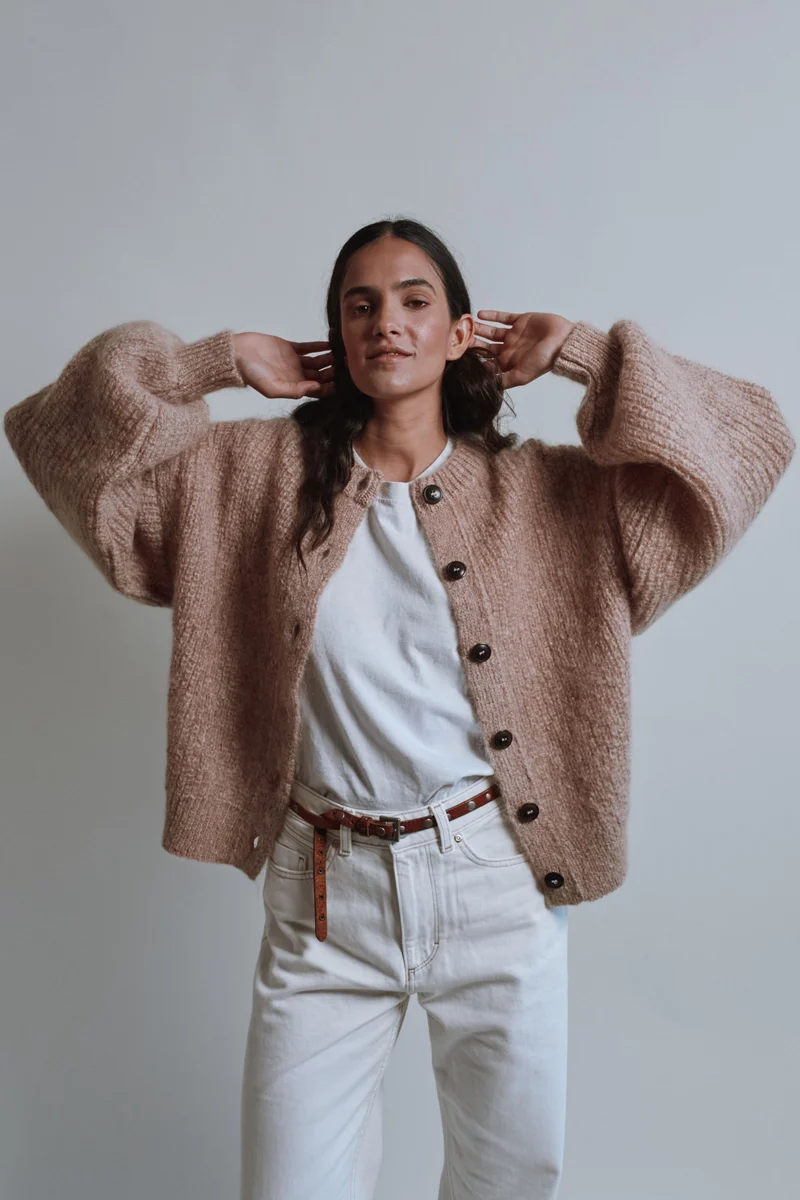DIANA Balloon-Sleeve Cardigan in Mohair Wool - Light Pink