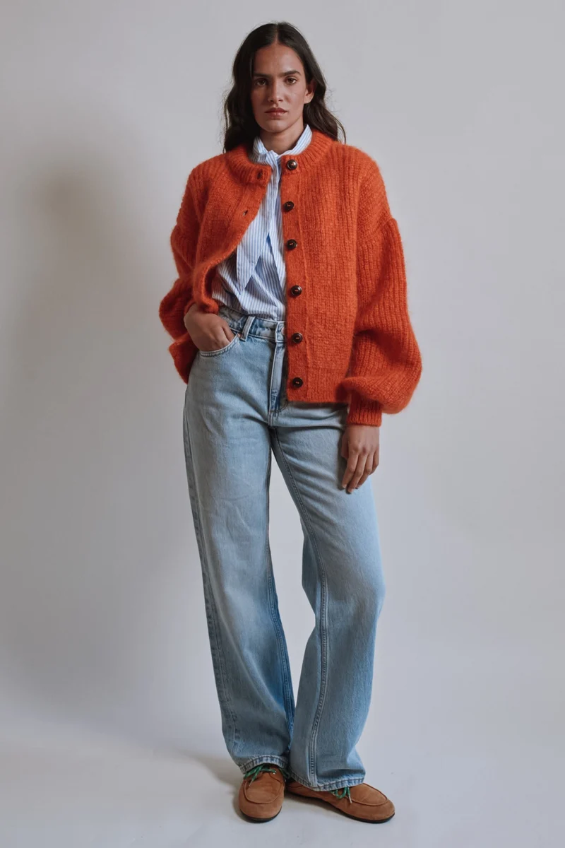 DIANA Balloon-Sleeve Cardigan in Mohair Wool - Burnt Orange