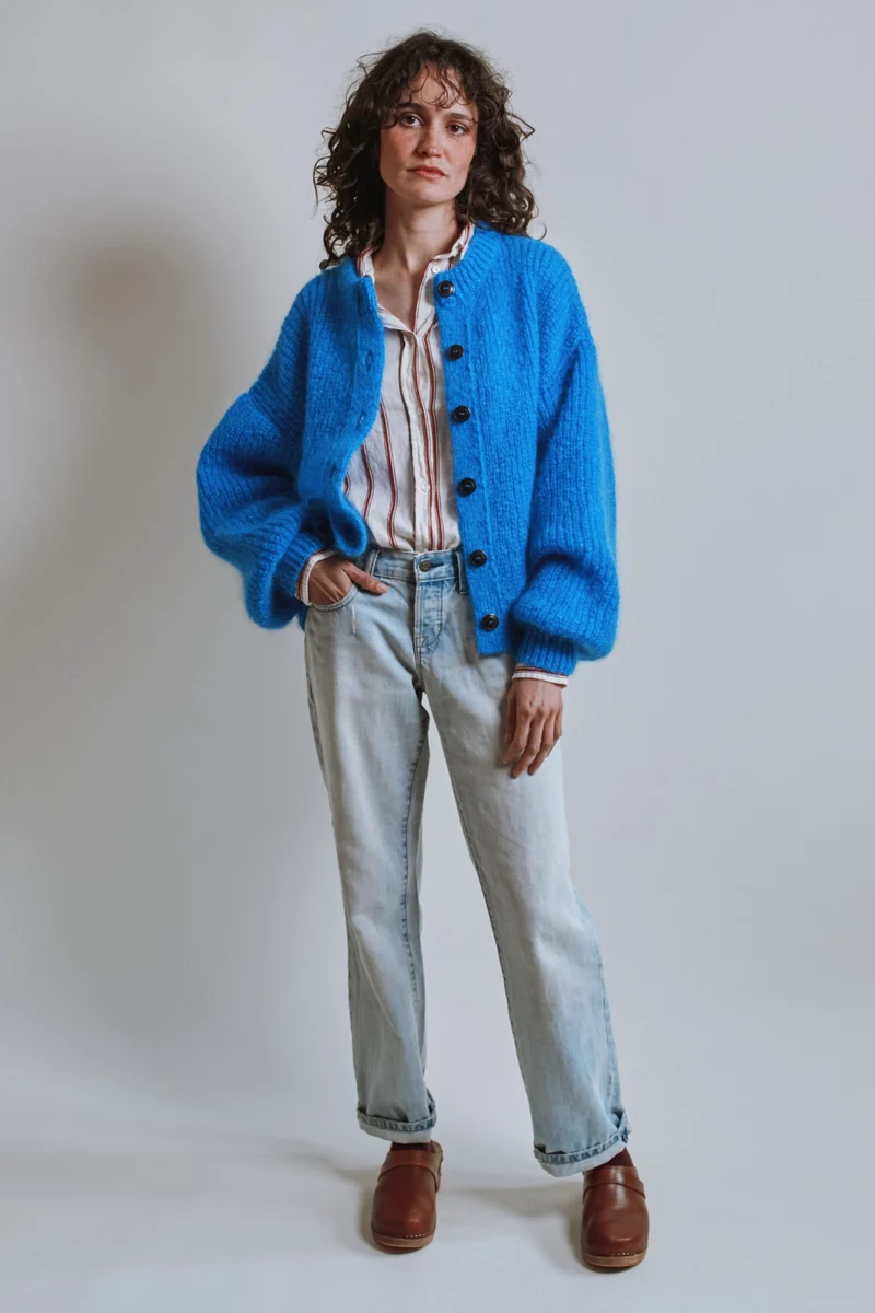 DIANA Balloon-Sleeve Cardigan in Mohair Wool - Cobalt Blue