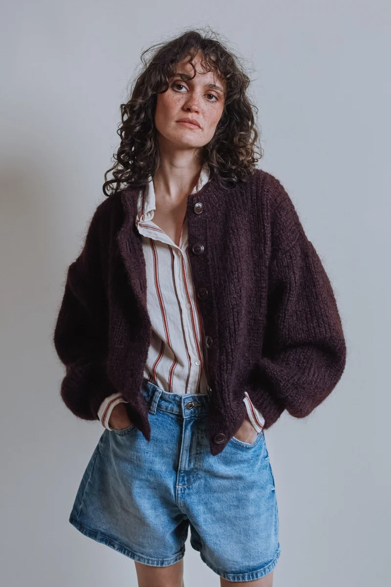 DIANA Balloon-Sleeve Cardigan in Mohair Wool - Plum