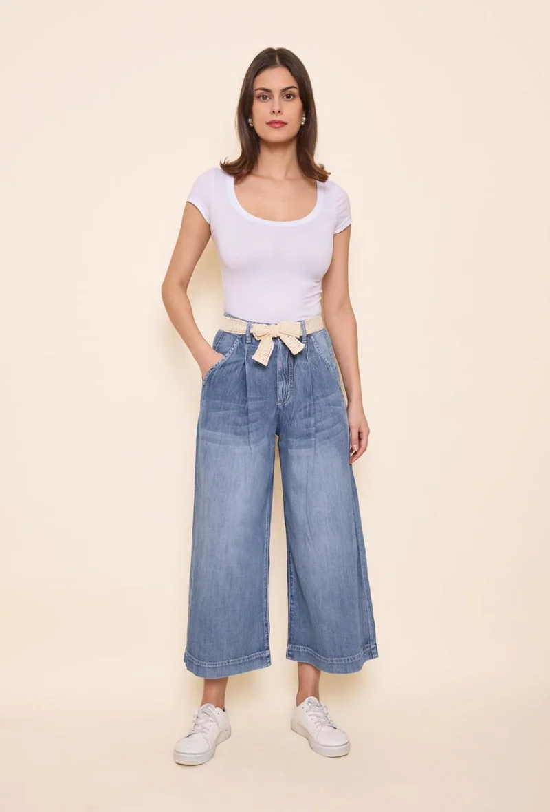 Pantalon Jupe Culotte Fluide avec Ceinture