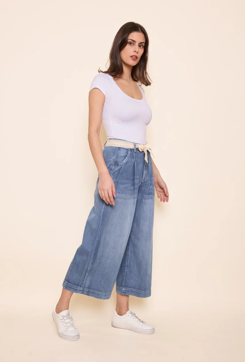 Pantalon Jupe Culotte Fluide avec Ceinture