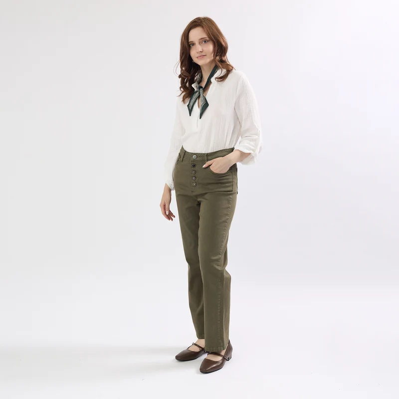 Pantalon Droit Boutons Fantaisie