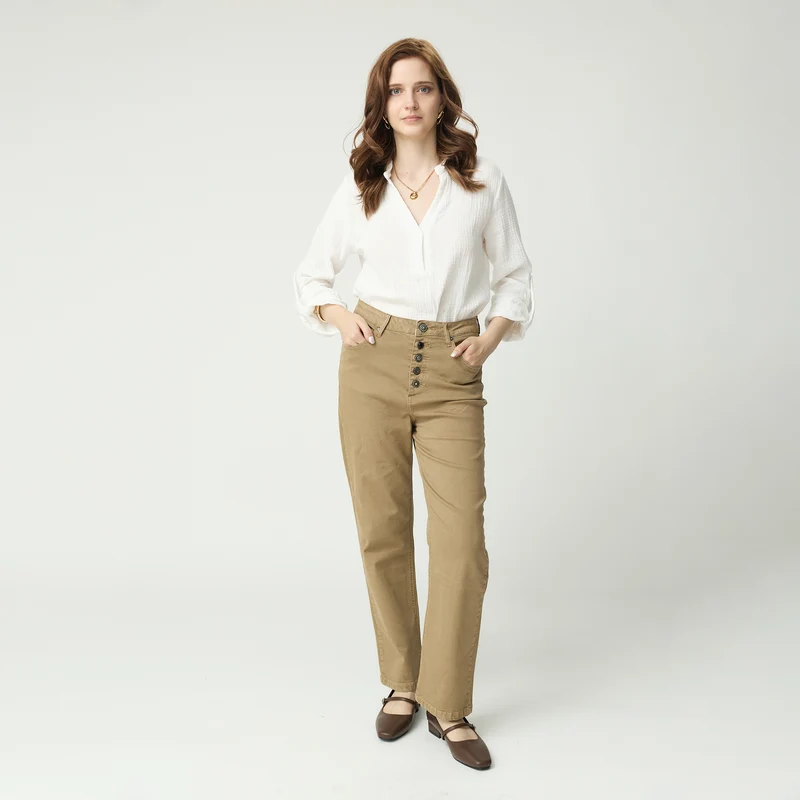 Pantalon Droit Boutons Fantaisie