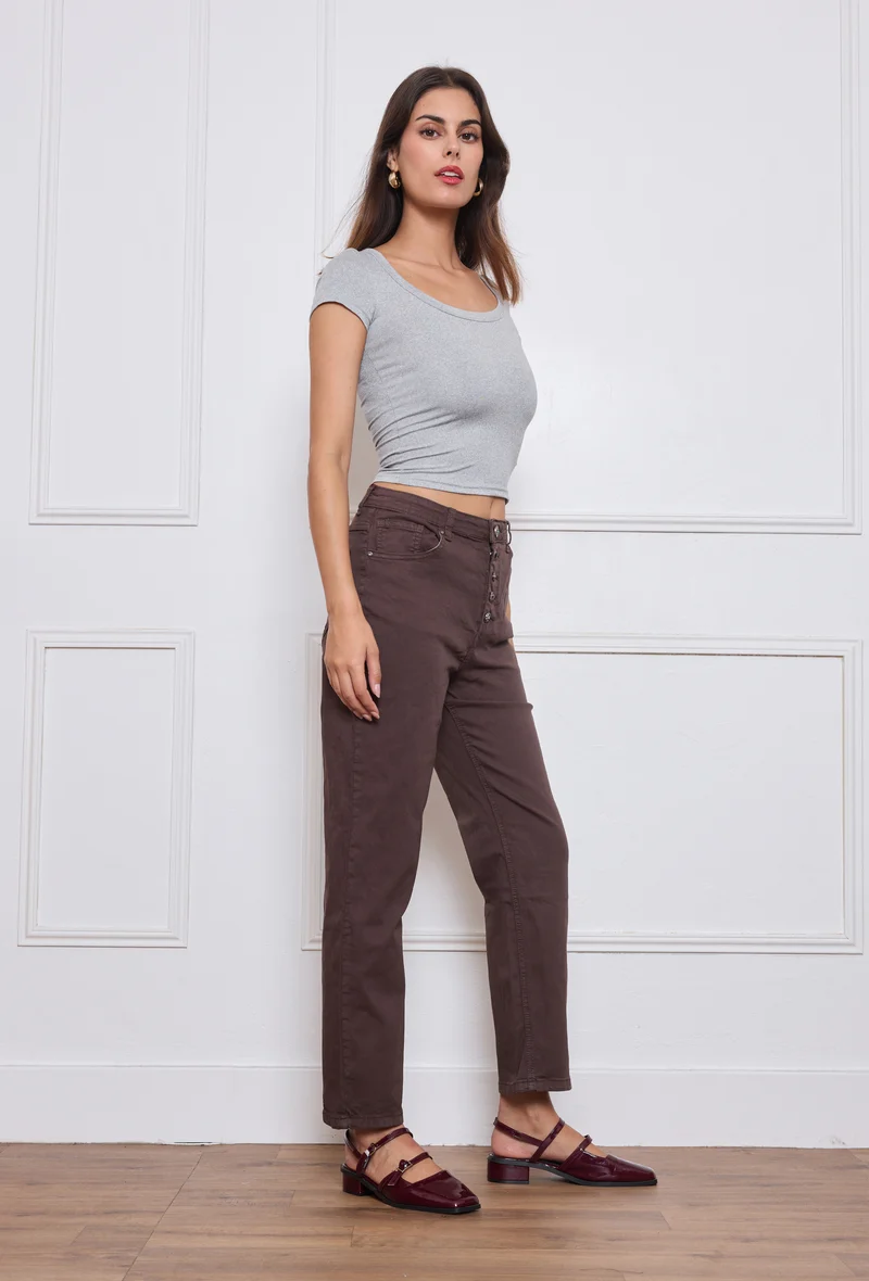 Pantalon Droit Boutons Fantaisie