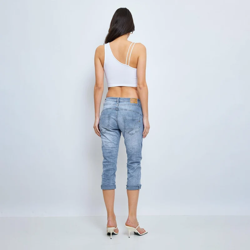 Pantacourt Ambre en Jean Taille Haute Classique à Boutons