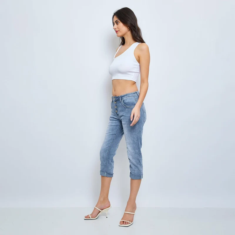 Pantacourt Ambre en Jean Taille Haute Classique à Boutons