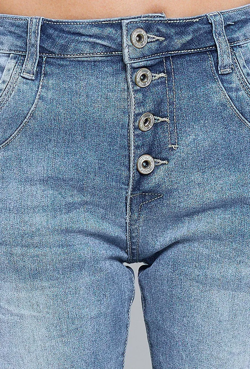 Pantacourt Ambre en Jean Taille Haute Classique à Boutons