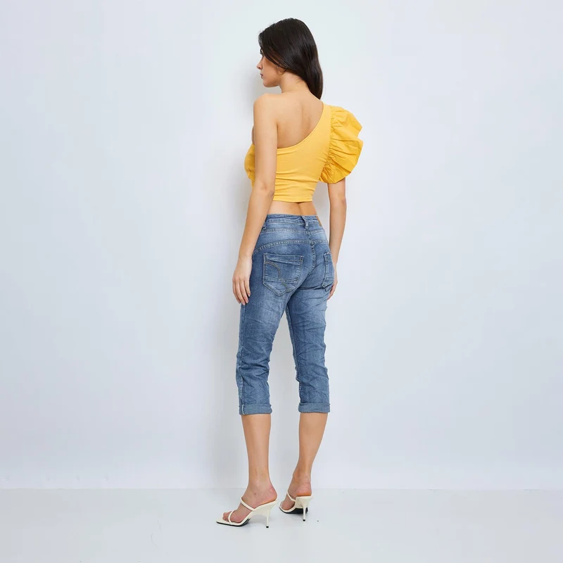 Pantacourt Ambre en Jean Taille Haute Classique à Boutons