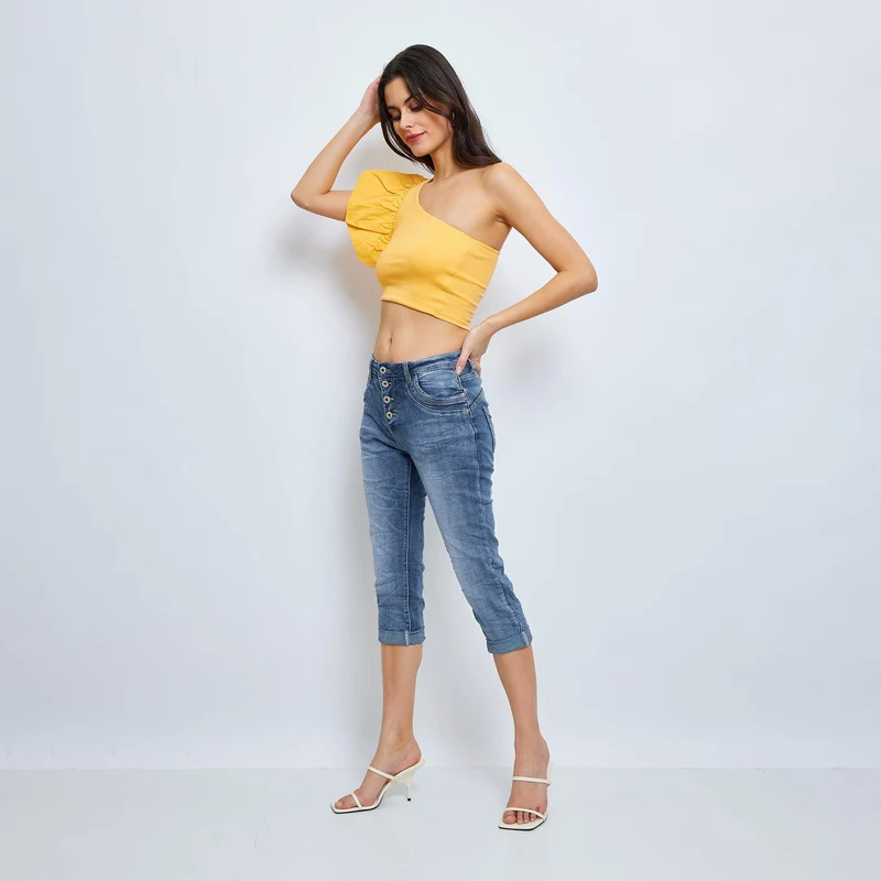 Pantacourt Ambre en Jean Taille Haute Classique à Boutons