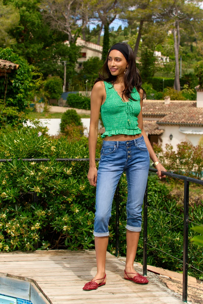 Pantacourt Rachel en JoggJeans à Boutons Couleurs