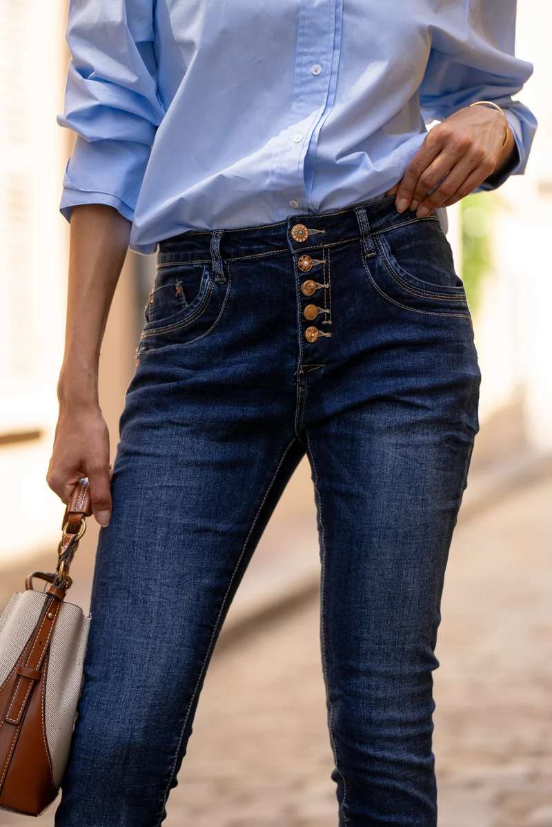 Jean Boyfriend Taille Haute Boutons Fantaisies Dorés