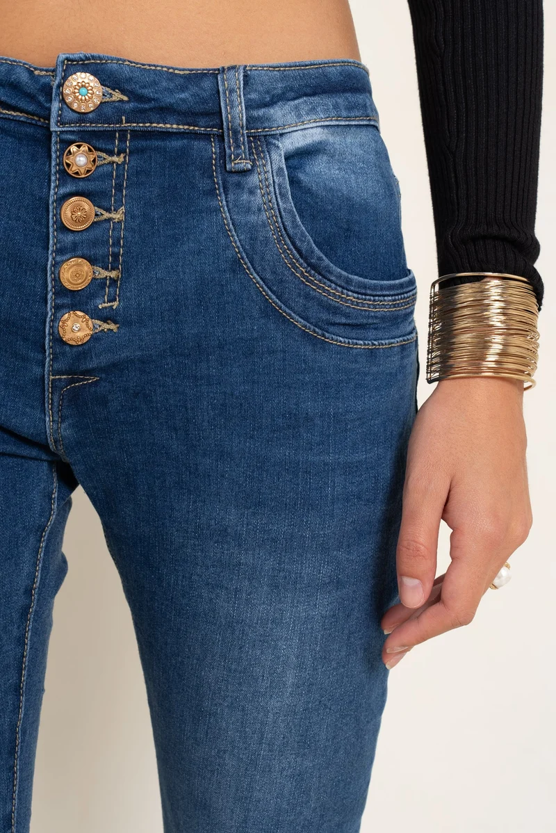 Jean Boyfriend Taille Haute Boutons Fantaisies Dorés