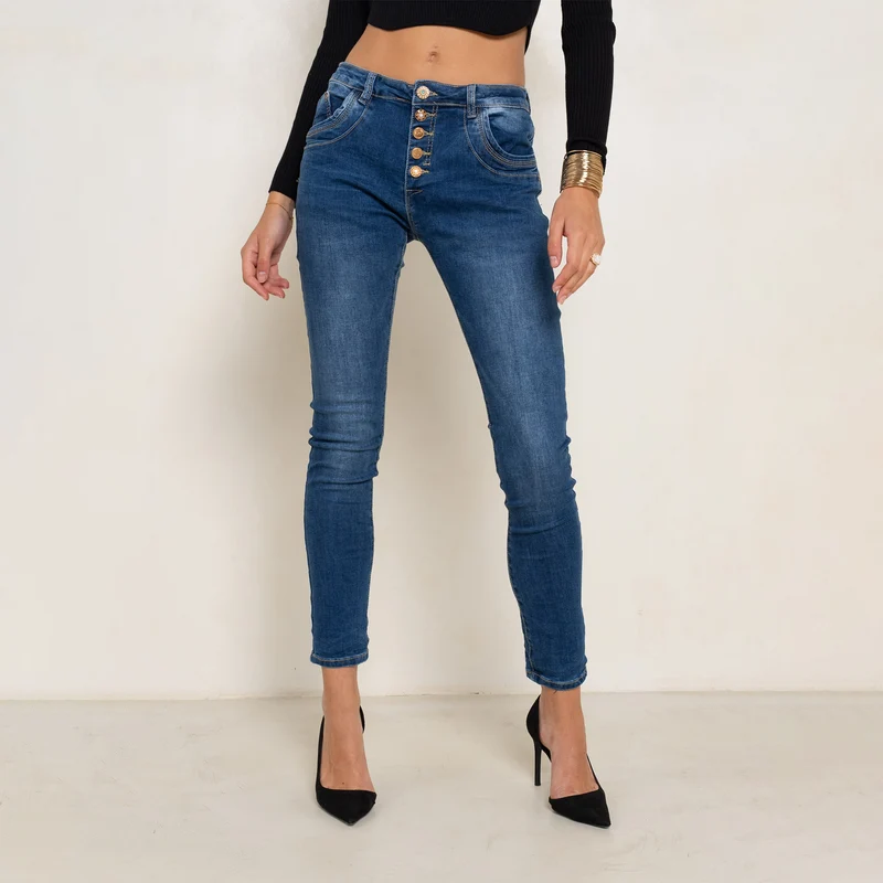 Jean Boyfriend Taille Haute Boutons Fantaisies Dorés