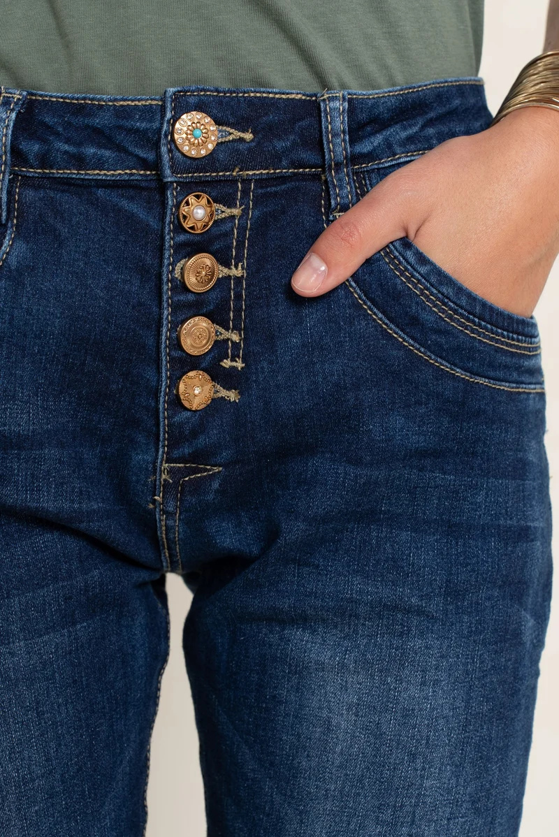 Jean Boyfriend Taille Haute Boutons Fantaisies Dorés