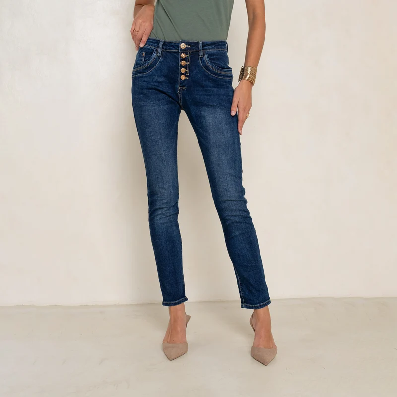 Jean Boyfriend Taille Haute Boutons Fantaisies Dorés