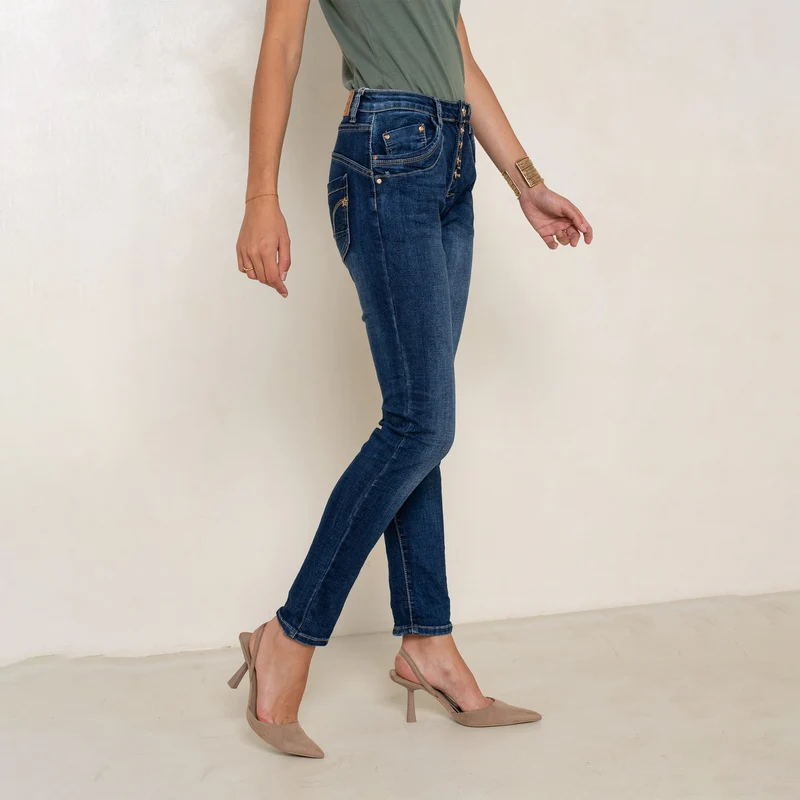Jean Boyfriend Taille Haute Boutons Fantaisies Dorés