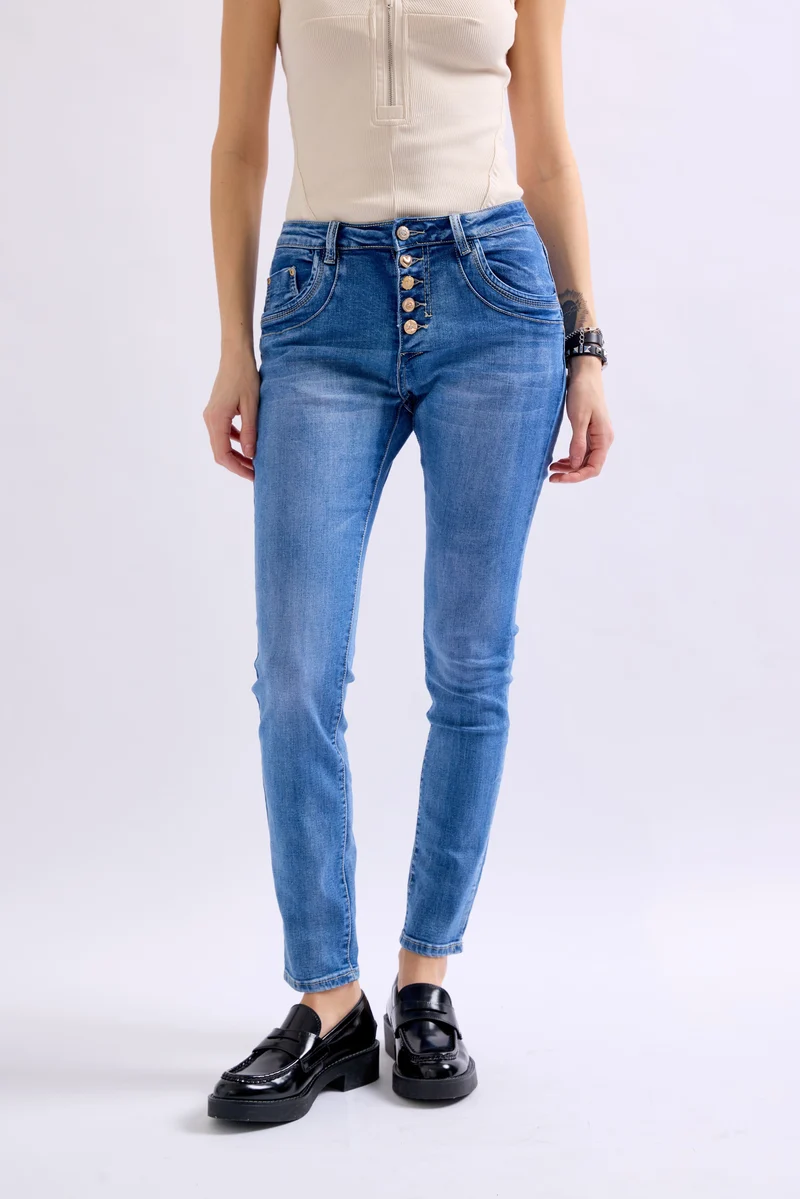 Jean Boyfriend Taille Haute Boutons Fantaisies Dorés