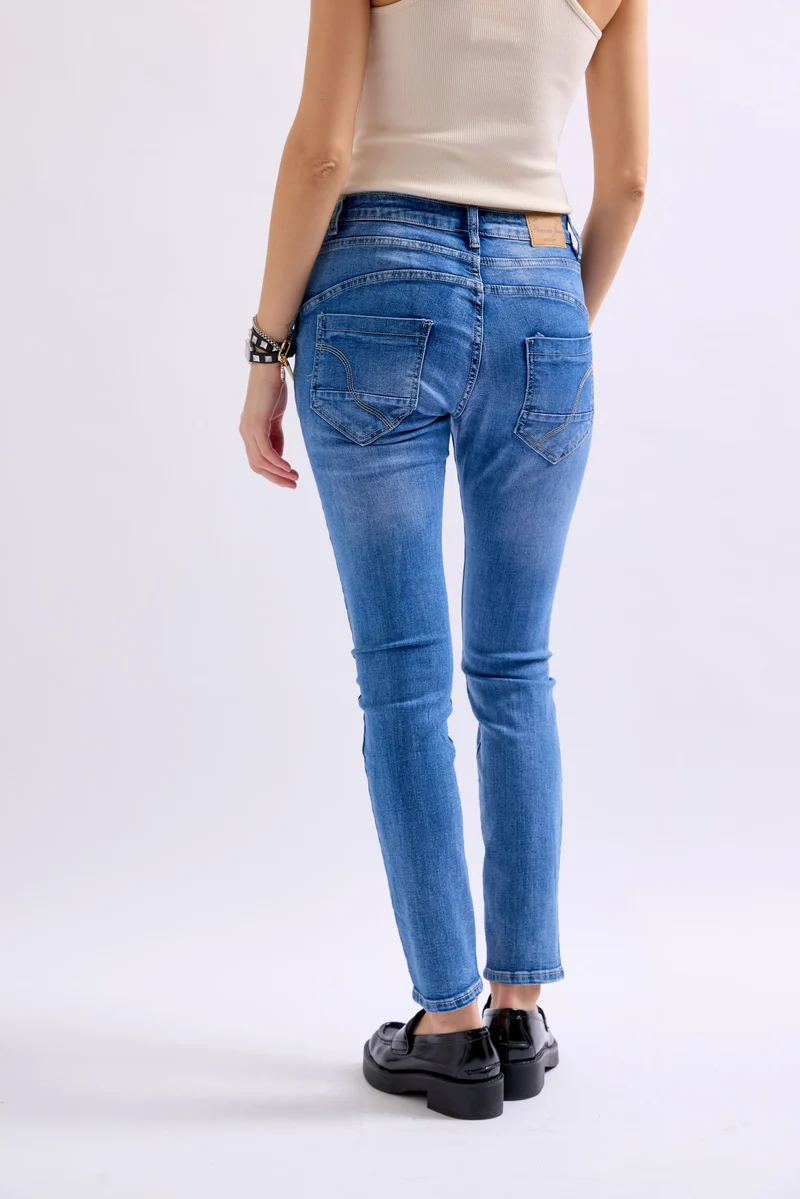 Jean Boyfriend Taille Haute Boutons Fantaisies Dorés