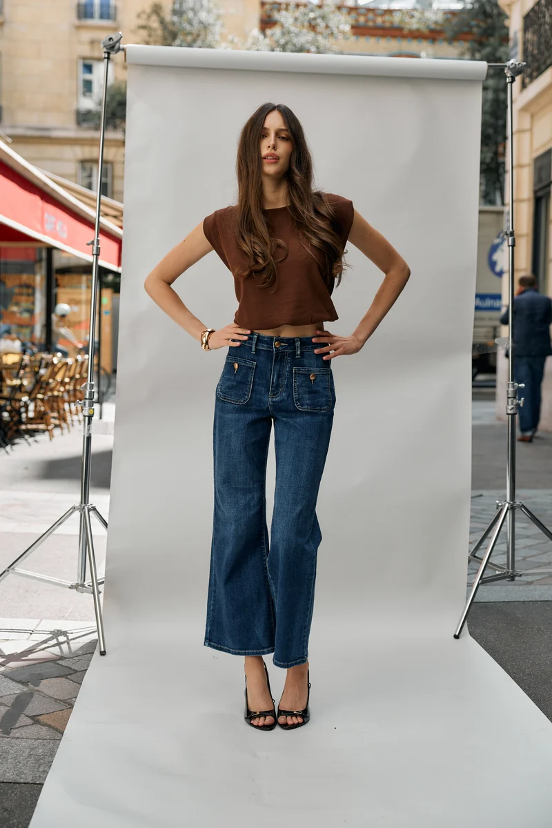 Pantalon Évasée Poche Plaquée