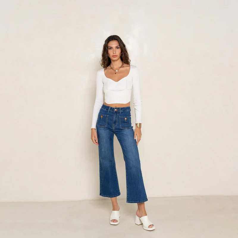 Pantalon Évasée Poche Plaquée