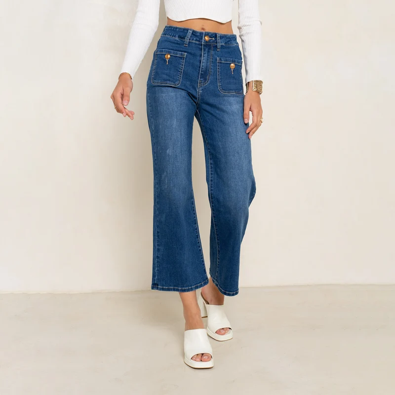 Pantalon Évasée Poche Plaquée